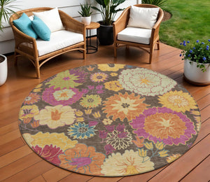 HomeRoots 8' Beautiful Chocolate, Gold & Pink Round Floral Rug - Washable, Durable for Indoor & Outdoor Use 658059
