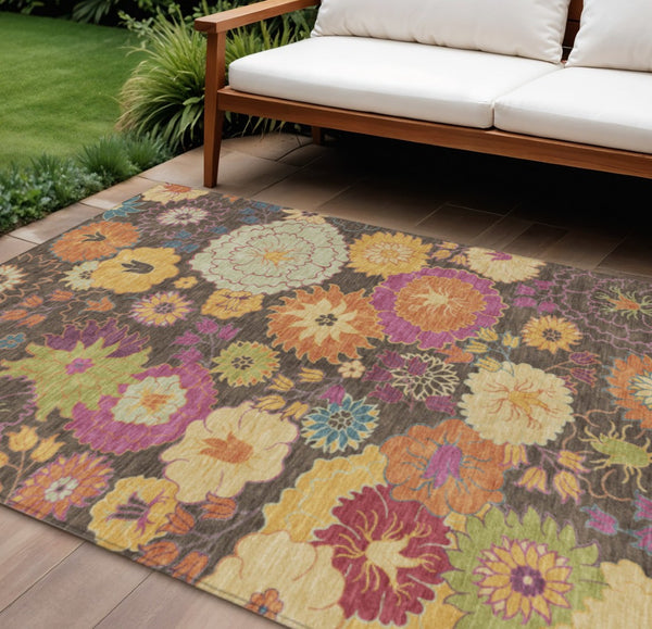 HomeRoots 8' Chocolate Gold and Pink Floral Washable Area Rug - Indoor/Outdoor Durable Elegance for Any Space 658060