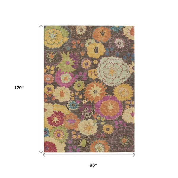 HomeRoots 8' Chocolate Gold and Pink Floral Washable Area Rug - Indoor/Outdoor Durable Elegance for Any Space 658060