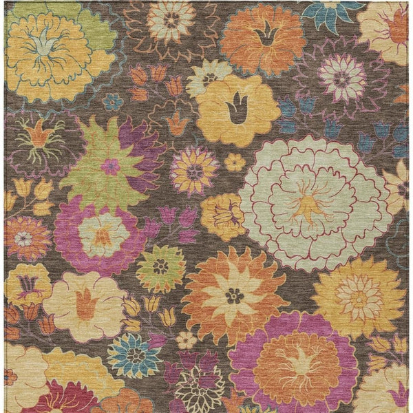 HomeRoots 9' X 12' Elegant Floral Washable Area Rug in Chocolate, Gold & Pink - Perfect for Indoor & Outdoor Use! 658061