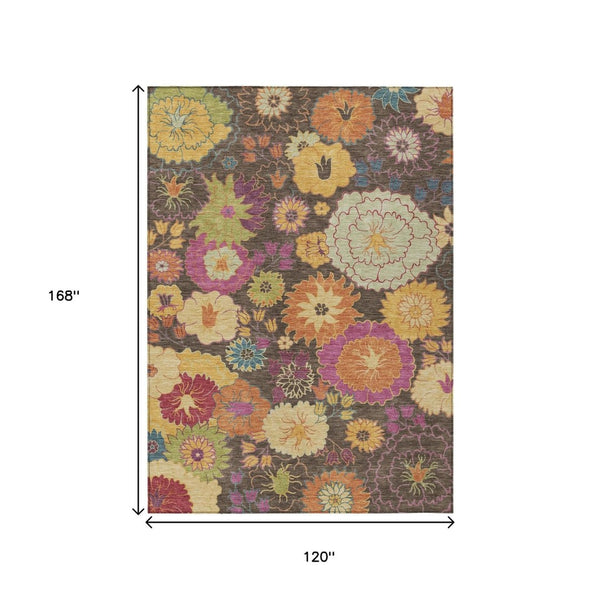 HomeRoots 10' X 14' Elegant Floral Washable Area Rug - Chocolate, Gold & Pink for Indoor/Outdoor Spaces 658062