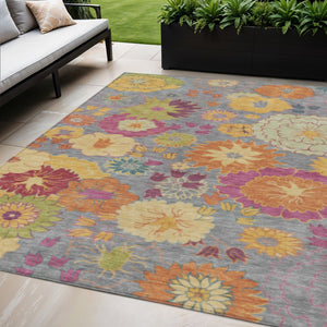 HomeRoots 5' Gray, Gold & Pink Floral Washable Rug - Durable Indoor/Outdoor Area Rug for High-Traffic Spaces 658064