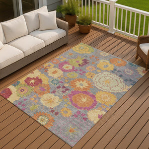 HomeRoots 5' Gray, Gold & Pink Floral Washable Rug - Durable Indoor/Outdoor Area Rug for High-Traffic Spaces 658064