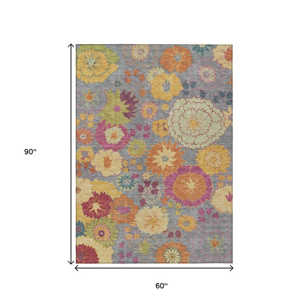 HomeRoots 5' Gray, Gold & Pink Floral Washable Rug - Durable Indoor/Outdoor Area Rug for High-Traffic Spaces 658064