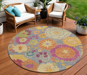 HomeRoots 8' Gray Gold and Pink Round Floral Area Rug - Durable, Washable Design for Indoor & Outdoor Elegance 658065
