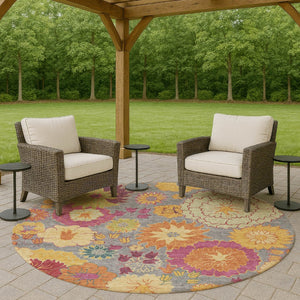 HomeRoots 8' Gray Gold and Pink Round Floral Area Rug - Durable, Washable Design for Indoor & Outdoor Elegance 658065