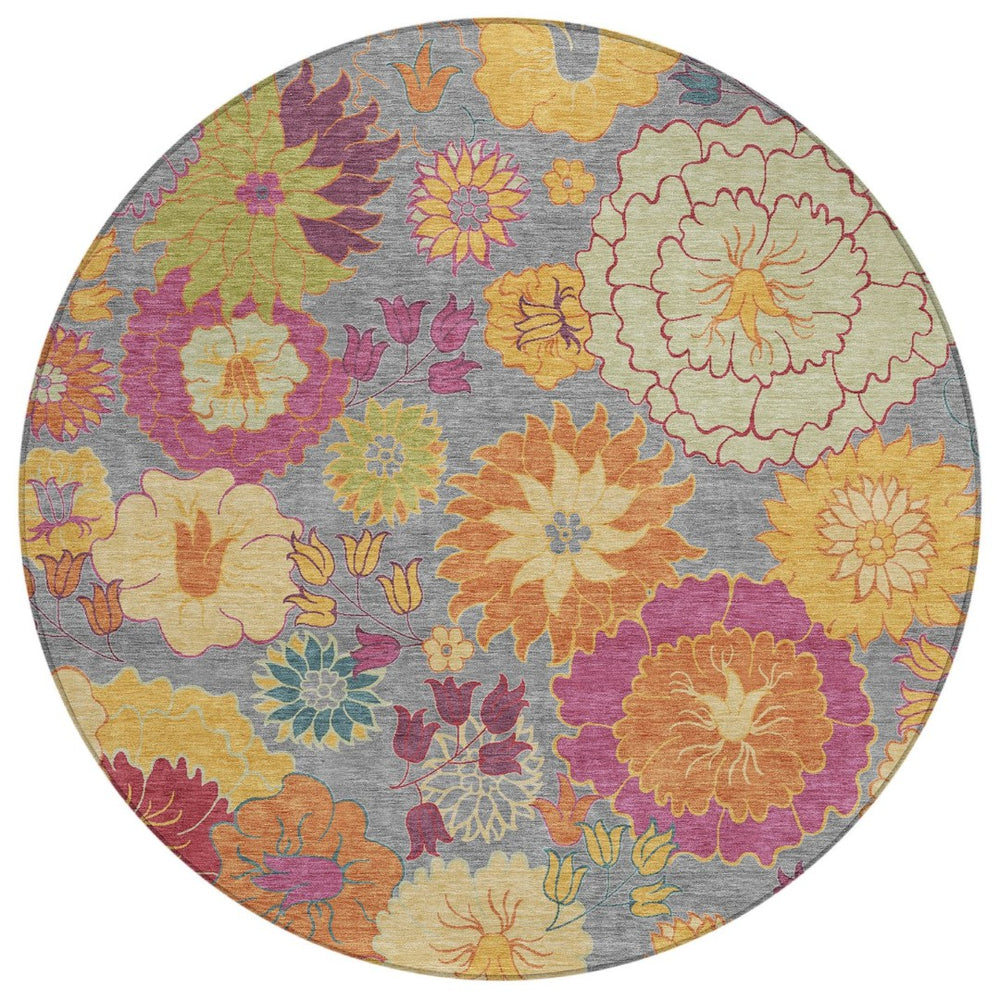 HomeRoots 8' Gray Gold and Pink Round Floral Area Rug - Durable, Washable Design for Indoor & Outdoor Elegance 658065