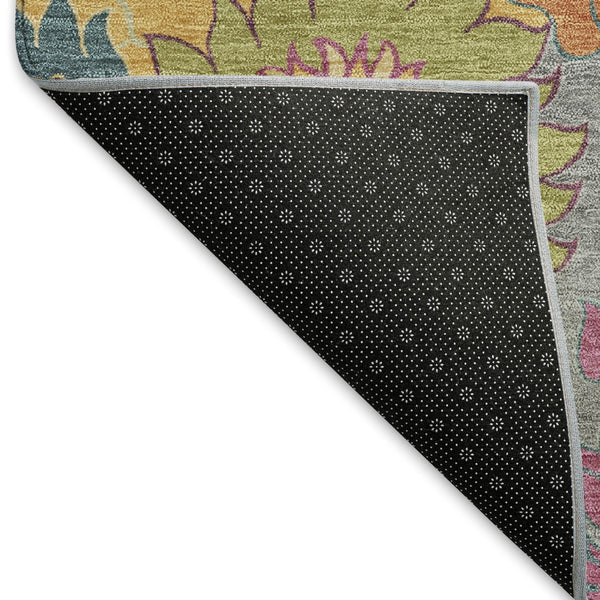 HomeRoots 8' Gray Gold and Pink Round Floral Area Rug - Durable, Washable Design for Indoor & Outdoor Elegance 658065