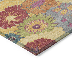 HomeRoots 8' Gray Gold and Pink Round Floral Area Rug - Durable, Washable Design for Indoor & Outdoor Elegance 658065
