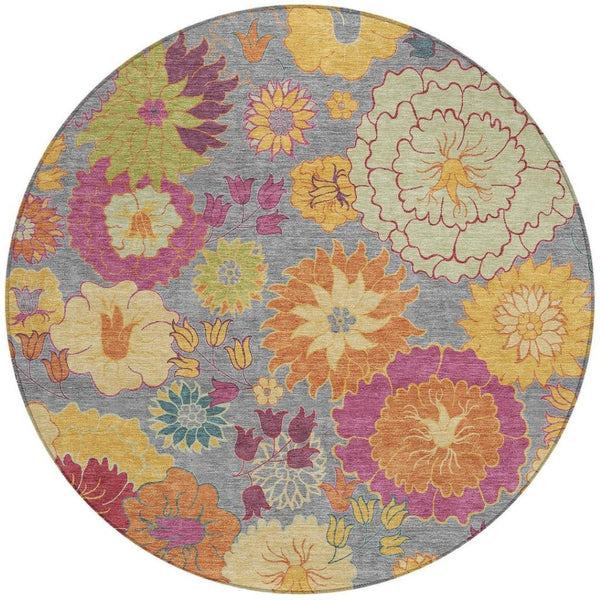 HomeRoots 8' Gray Gold and Pink Round Floral Area Rug - Durable, Washable Design for Indoor & Outdoor Elegance 658065
