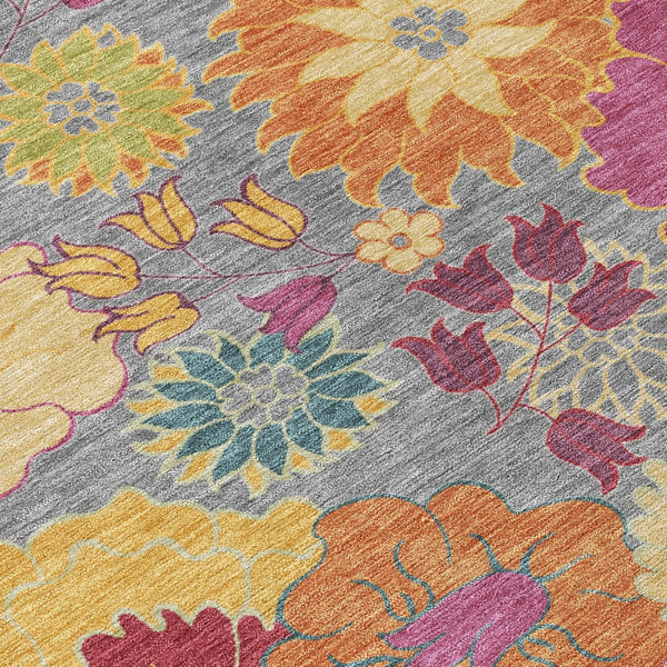 HomeRoots 8' Gray Gold and Pink Round Floral Area Rug - Durable, Washable Design for Indoor & Outdoor Elegance 658065