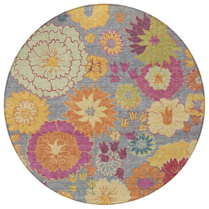 HomeRoots 8' Gray Gold and Pink Round Floral Area Rug - Durable, Washable Design for Indoor & Outdoor Elegance 658065