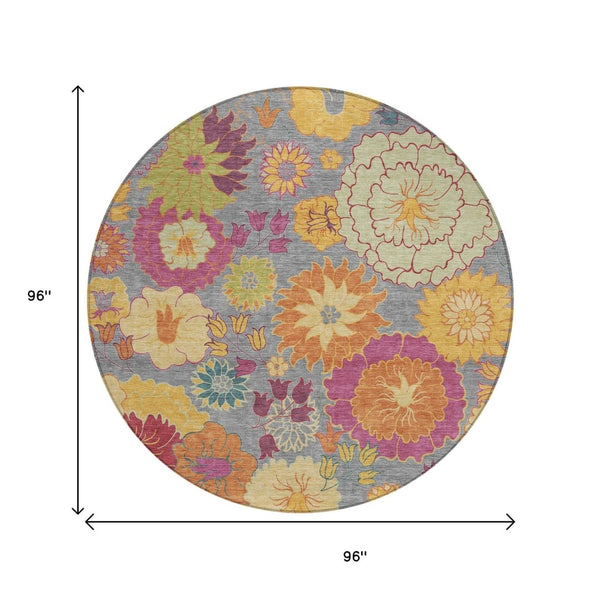 HomeRoots 8' Gray Gold and Pink Round Floral Area Rug - Durable, Washable Design for Indoor & Outdoor Elegance 658065