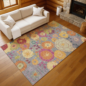 HomeRoots 9' X 12' Elegant Gray Gold Pink Floral Area Rug – Durable, Washable, Indoor/Outdoor, Stain-Resistant 658067