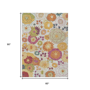 HomeRoots 5' Elegant Ivory Gold Pink Floral Area Rug - Washable, Durable, Perfect for Indoor & Outdoor Use 658070
