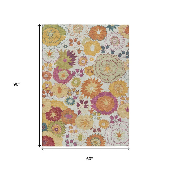 HomeRoots 5' Elegant Ivory Gold Pink Floral Area Rug - Washable, Durable, Perfect for Indoor & Outdoor Use 658070