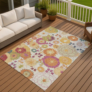HomeRoots 5' Elegant Ivory Gold Pink Floral Area Rug - Washable, Durable, Perfect for Indoor & Outdoor Use 658070