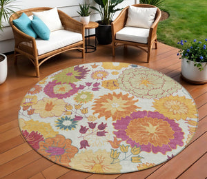 HomeRoots 8' Floral Round Area Rug in Ivory, Gold & Pink - Stylish, Washable, Durable for Indoor & Outdoor Use 658071