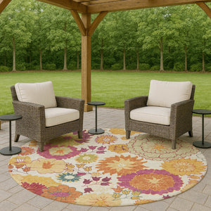 HomeRoots 8' Floral Round Area Rug in Ivory, Gold & Pink - Stylish, Washable, Durable for Indoor & Outdoor Use 658071