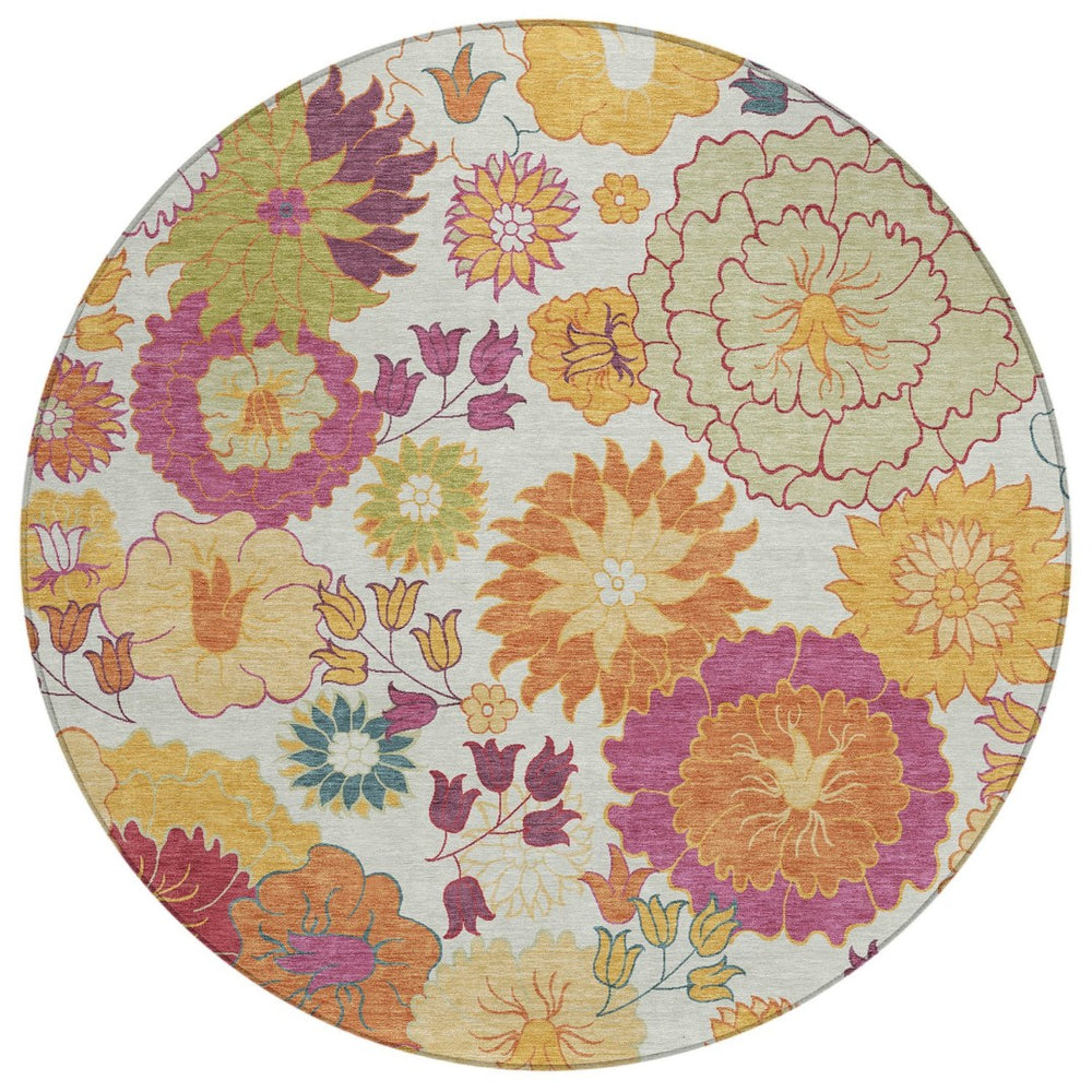 HomeRoots 8' Floral Round Area Rug in Ivory, Gold & Pink - Stylish, Washable, Durable for Indoor & Outdoor Use 658071