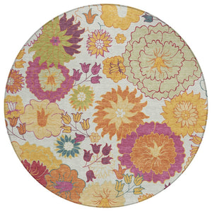 HomeRoots 8' Floral Round Area Rug in Ivory, Gold & Pink - Stylish, Washable, Durable for Indoor & Outdoor Use 658071