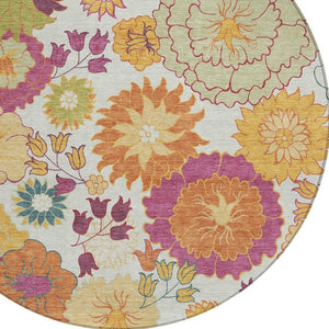 HomeRoots 8' Floral Round Area Rug in Ivory, Gold & Pink - Stylish, Washable, Durable for Indoor & Outdoor Use 658071