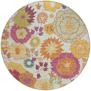 HomeRoots 8' Floral Round Area Rug in Ivory, Gold & Pink - Stylish, Washable, Durable for Indoor & Outdoor Use 658071