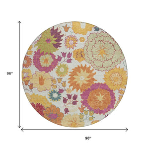 HomeRoots 8' Floral Round Area Rug in Ivory, Gold & Pink - Stylish, Washable, Durable for Indoor & Outdoor Use 658071