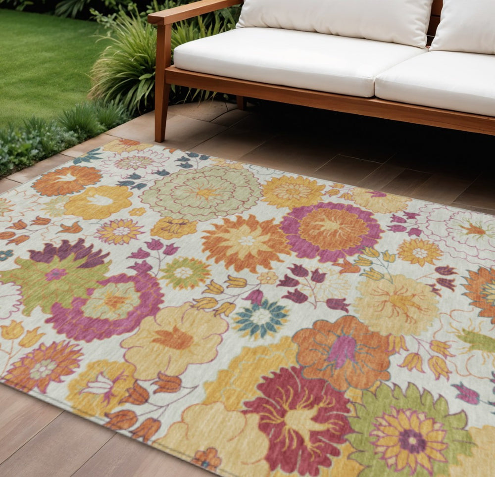 HomeRoots 8' X 10' Elegant Ivory Gold Pink Floral Area Rug – Washable, Indoor/Outdoor, Durable & Stylish Décor 658072
