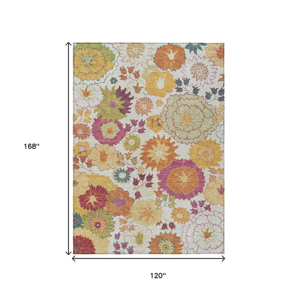 HomeRoots 10' Ivory Gold Pink Floral Area Rug - Washable, Durable, Indoor Outdoor Design for Any Space 658074