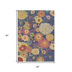 HomeRoots 5' Navy Blue Floral Area Rug - Durable, Washable, Stain-Resistant Design for Indoor & Outdoor Use 658076