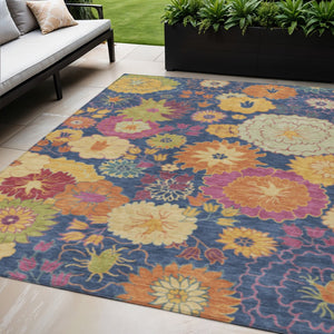 HomeRoots 5' Navy Blue Floral Area Rug - Durable, Washable, Stain-Resistant Design for Indoor & Outdoor Use 658076