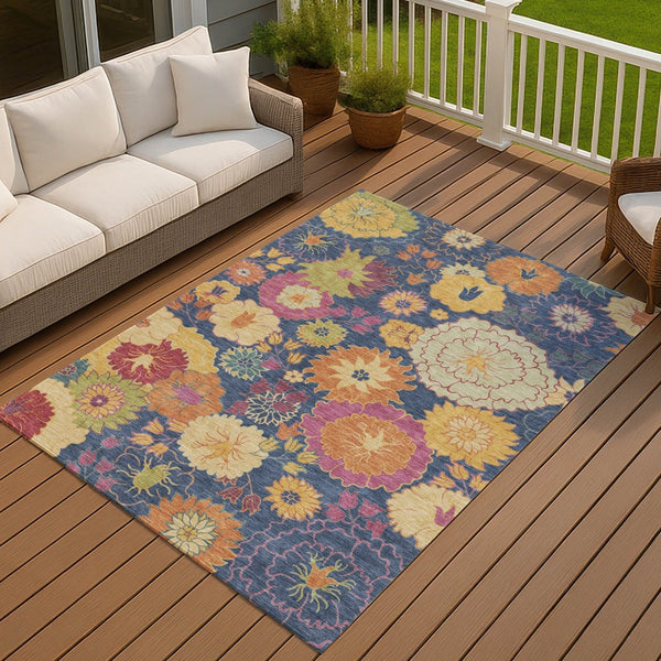 HomeRoots 5' Navy Blue Floral Area Rug - Durable, Washable, Stain-Resistant Design for Indoor & Outdoor Use 658076