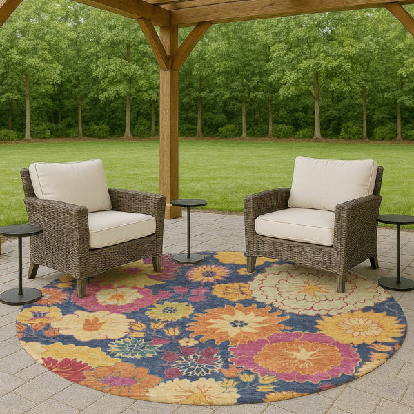 HomeRoots 8' Navy Blue Floral Round Rug - Vibrant Gold & Pink Design, Washable for Indoor/Outdoor Use! 658077