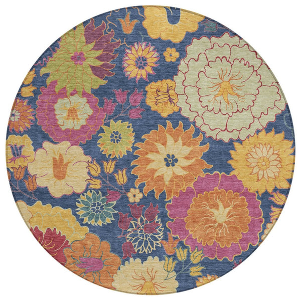 HomeRoots 8' Navy Blue Floral Round Rug - Vibrant Gold & Pink Design, Washable for Indoor/Outdoor Use! 658077