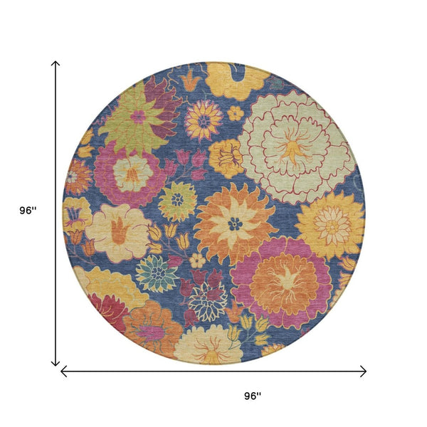 HomeRoots 8' Navy Blue Floral Round Rug - Vibrant Gold & Pink Design, Washable for Indoor/Outdoor Use! 658077