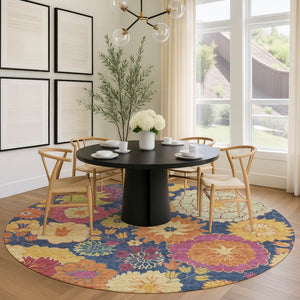 HomeRoots 8' Navy Blue Floral Round Rug - Vibrant Gold & Pink Design, Washable for Indoor/Outdoor Use! 658077