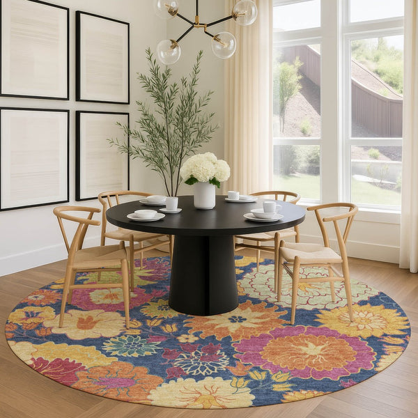 HomeRoots 8' Navy Blue Floral Round Rug - Vibrant Gold & Pink Design, Washable for Indoor/Outdoor Use! 658077