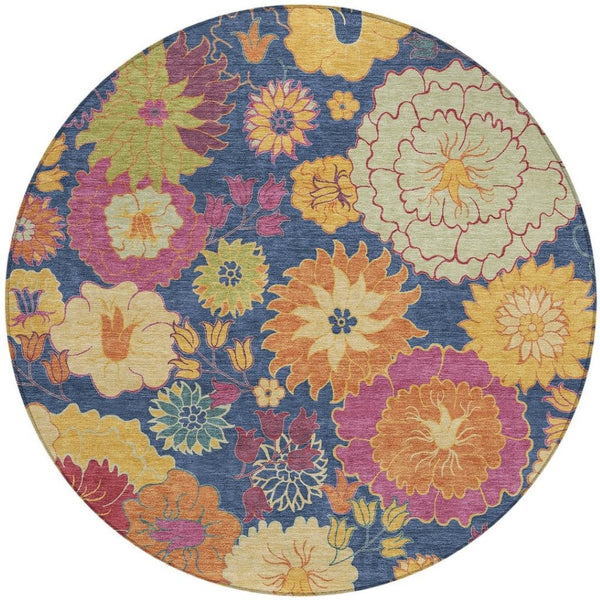 HomeRoots 8' Navy Blue Floral Round Rug - Vibrant Gold & Pink Design, Washable for Indoor/Outdoor Use! 658077