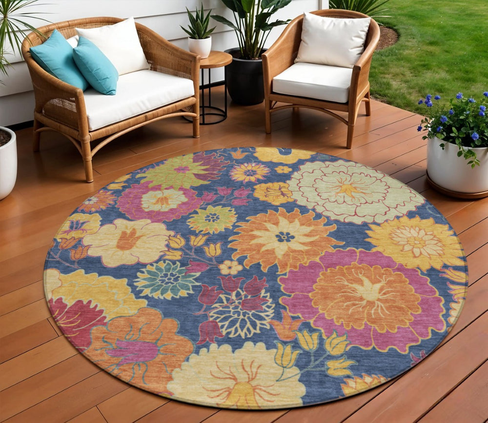 HomeRoots 8' Navy Blue Floral Round Rug - Vibrant Gold & Pink Design, Washable for Indoor/Outdoor Use! 658077