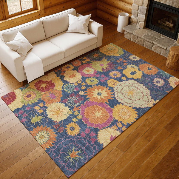 HomeRoots 8' Navy Blue Floral Area Rug with Gold & Pink Accents - Washable, Durable for Indoor/Outdoor Use! 658078