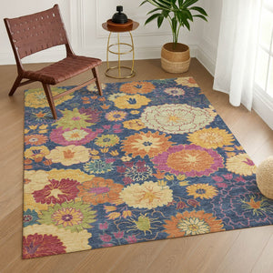HomeRoots 8' Navy Blue Floral Area Rug with Gold & Pink Accents - Washable, Durable for Indoor/Outdoor Use! 658078