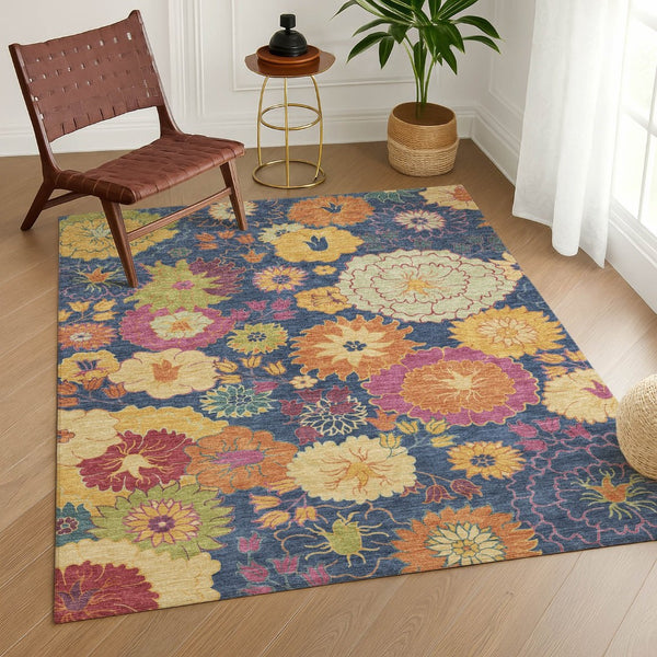HomeRoots 8' Navy Blue Floral Area Rug with Gold & Pink Accents - Washable, Durable for Indoor/Outdoor Use! 658078