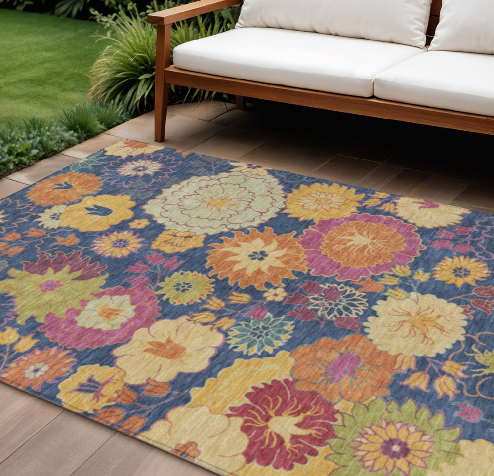 HomeRoots 9' X 12' Navy Blue Gold Pink Floral Washable Indoor Outdoor Area Rug for Versatile Home Décor Solutions 658079