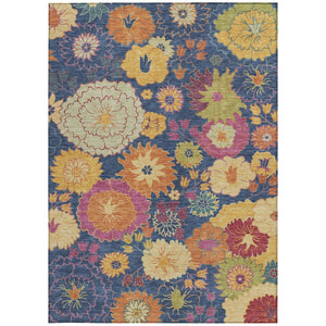 HomeRoots 10' X 14' Washable Navy Blue Floral Area Rug with Gold & Pink Accents - Durable for Indoor & Outdoor Use 658080