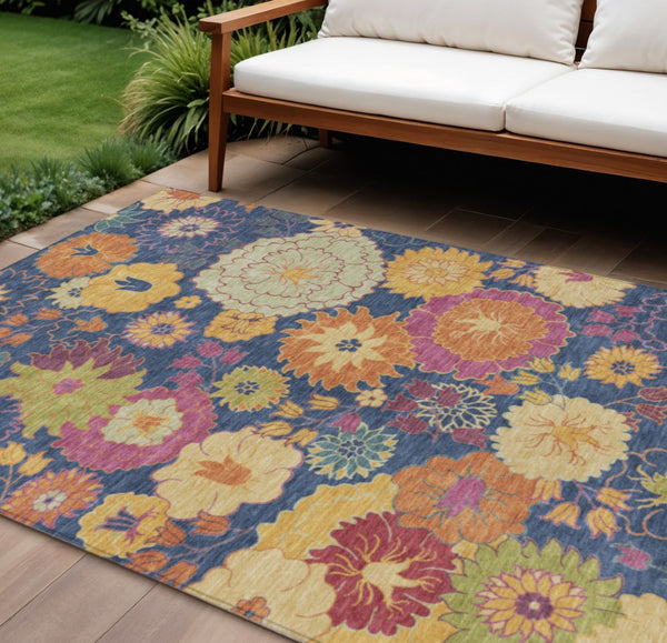 HomeRoots 10' X 14' Washable Navy Blue Floral Area Rug with Gold & Pink Accents - Durable for Indoor & Outdoor Use 658080