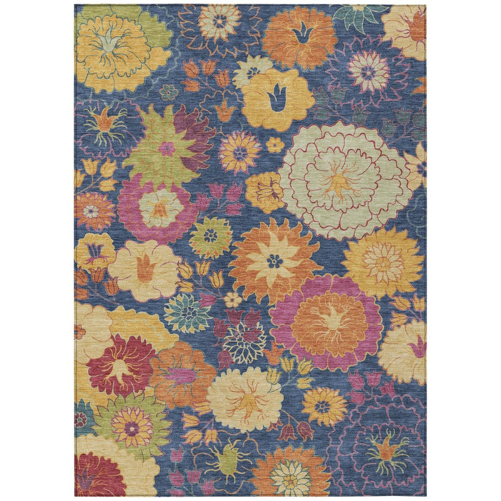 HomeRoots 10' X 14' Washable Navy Blue Floral Area Rug with Gold & Pink Accents - Durable for Indoor & Outdoor Use 658080