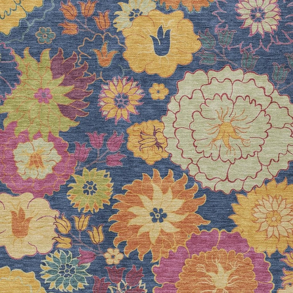 HomeRoots 10' X 14' Washable Navy Blue Floral Area Rug with Gold & Pink Accents - Durable for Indoor & Outdoor Use 658080