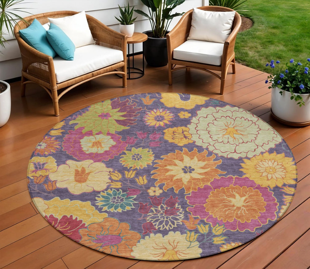 HomeRoots 8' Purple Gold and Pink Round Floral Area Rug – Stylish, Washable, Durable for Indoor & Outdoor Use 658083