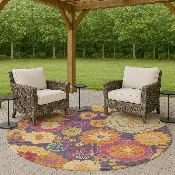 HomeRoots 8' Purple Gold and Pink Round Floral Area Rug – Stylish, Washable, Durable for Indoor & Outdoor Use 658083